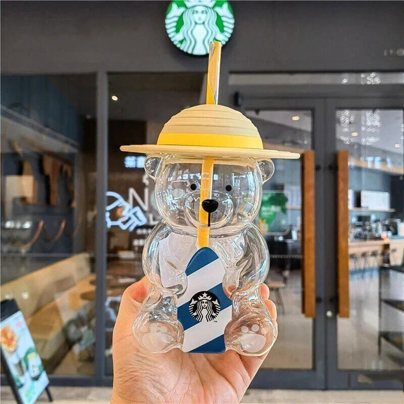New Starbucks Korea Summer Yellow Hat Bear 473ml Glass Straw Cup Tumbler