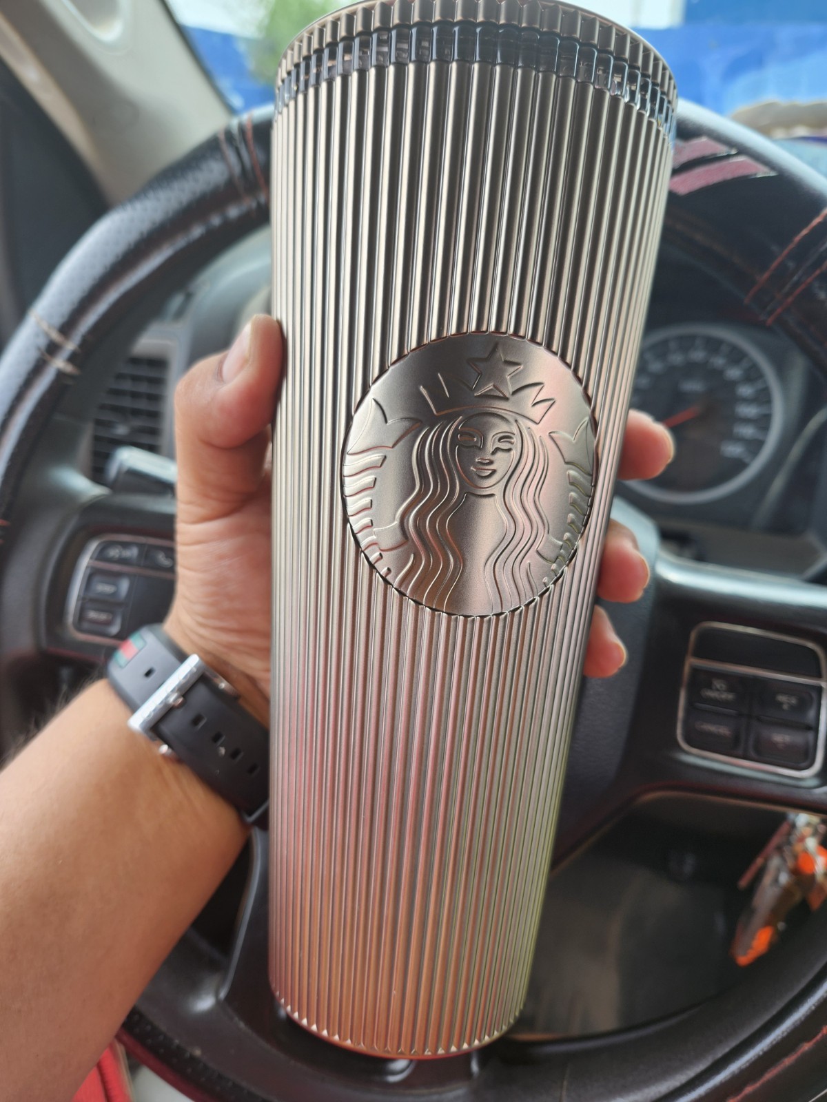 Starbucks Bronze Pleated Ribbed Stripe 24oz Cold Cup Tumbler Lid Straw Metallic