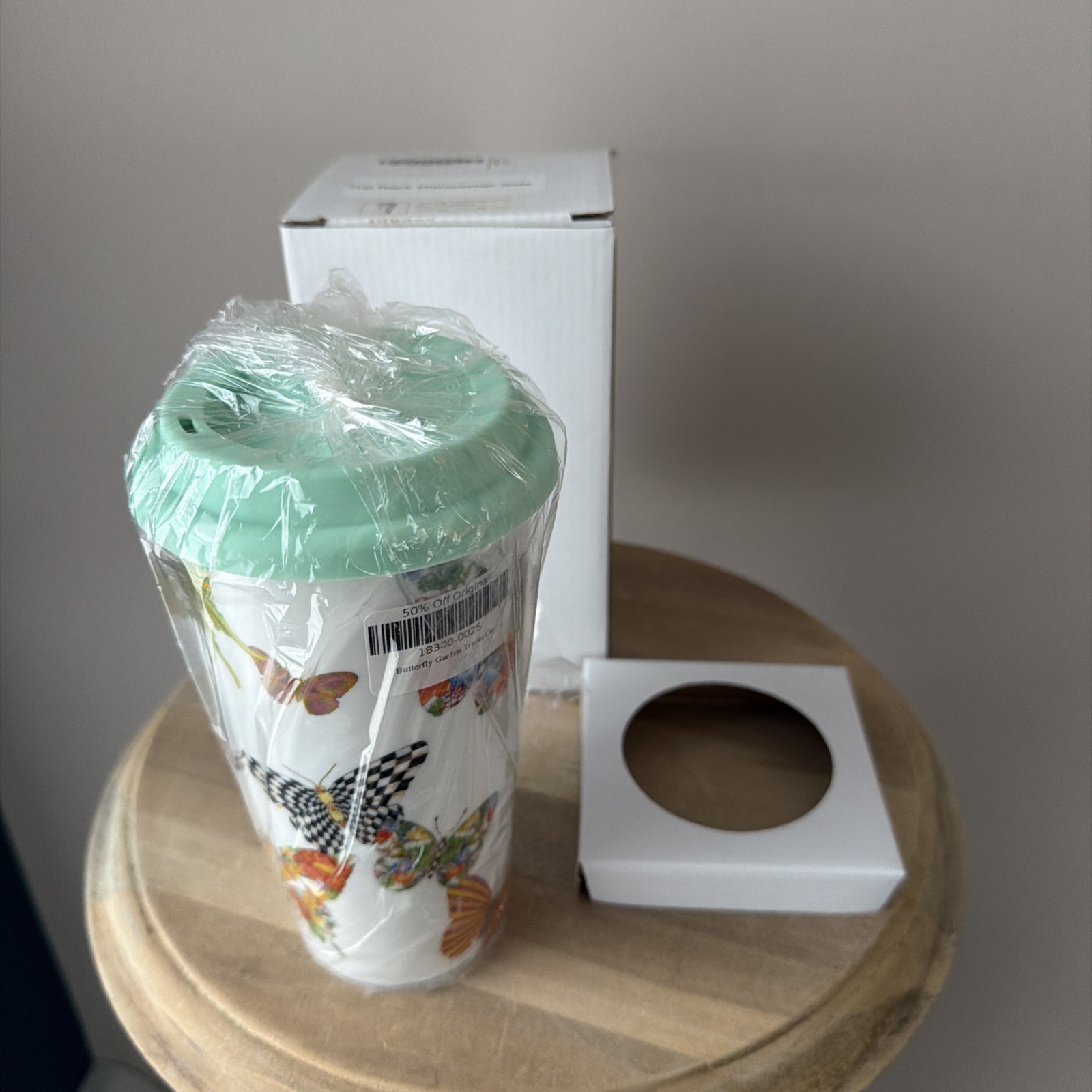 Retired Mackenzie Childs Butterfly Garden Porcelain Travel Mug New In Box