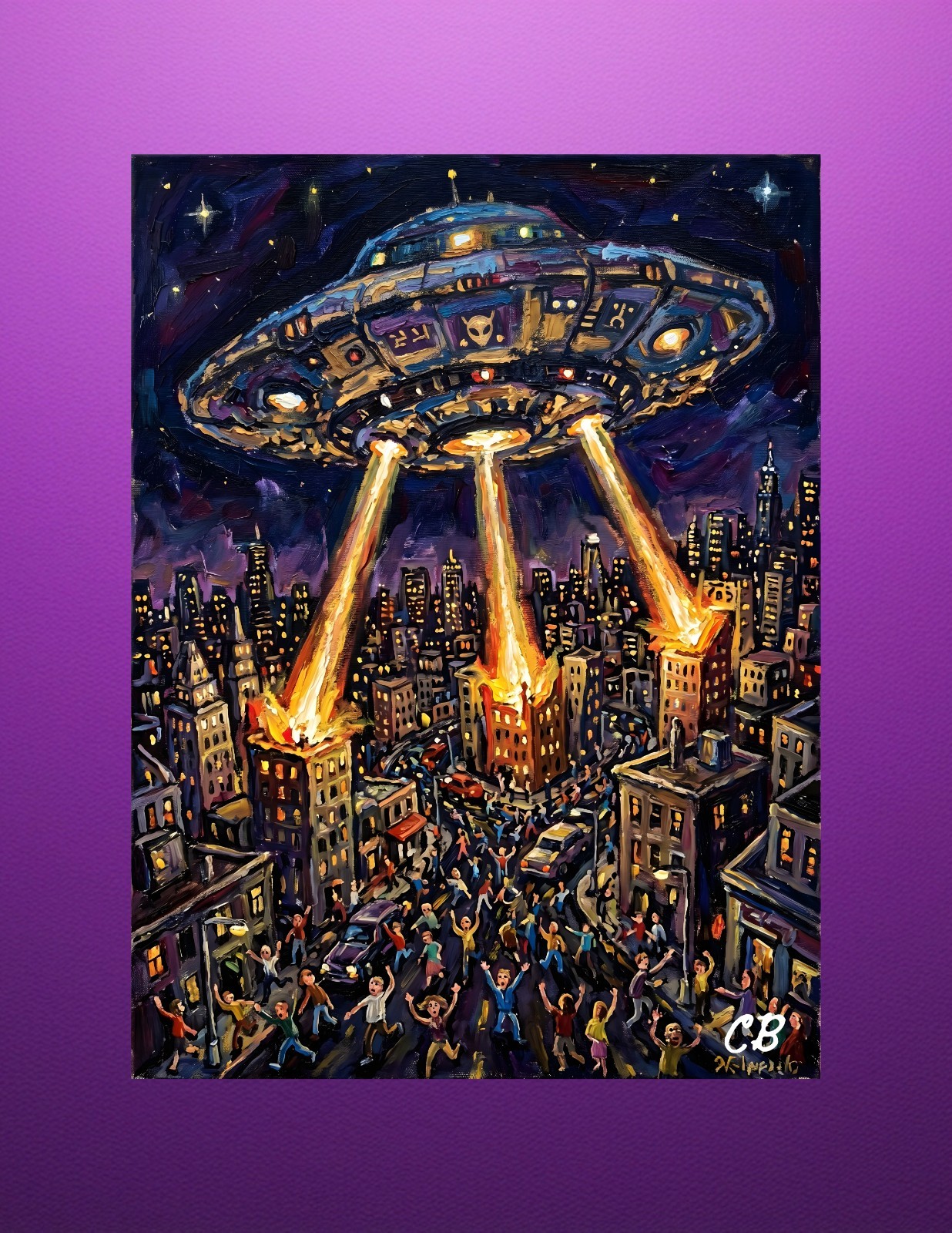 UFO City Invasion ACEO Print | Alien Mothership Horror Folk Art | Sci-Fi