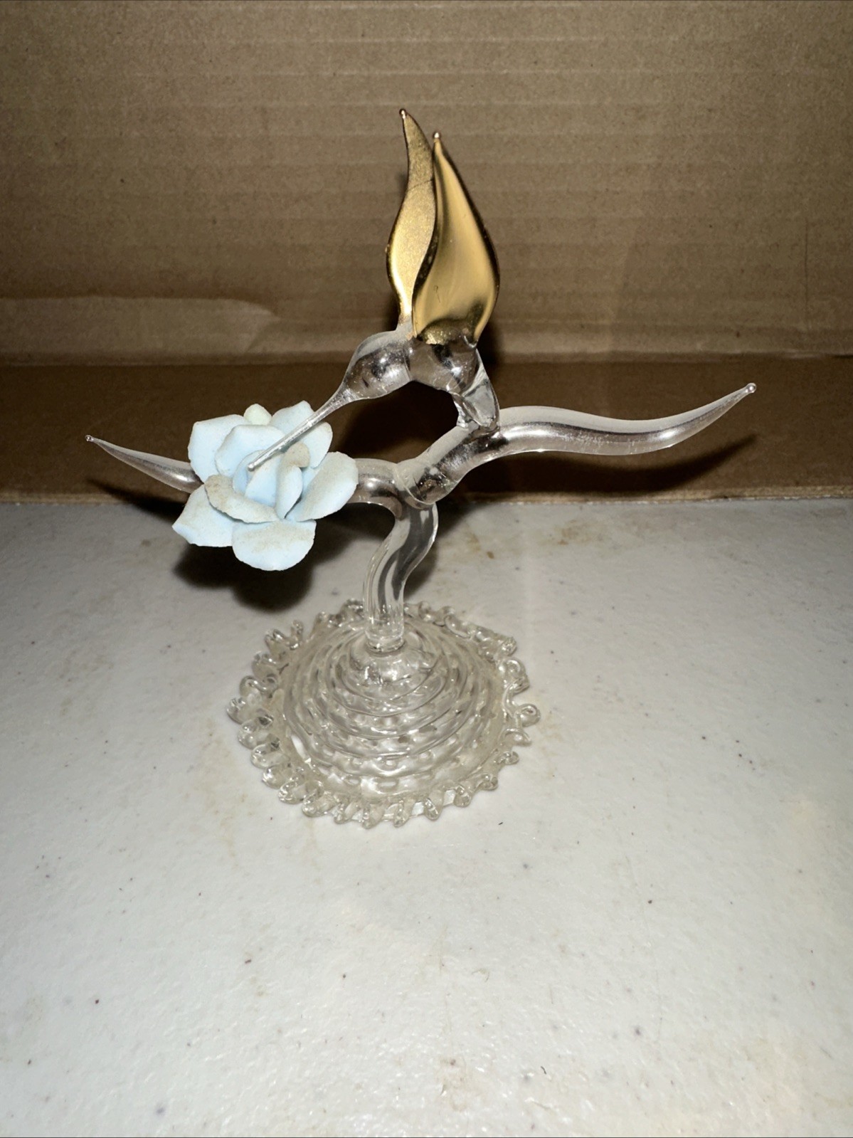 Vintage Glass Baron Hand Blown Glass Hummingbird Figurine, Gold Wings Blue Rose