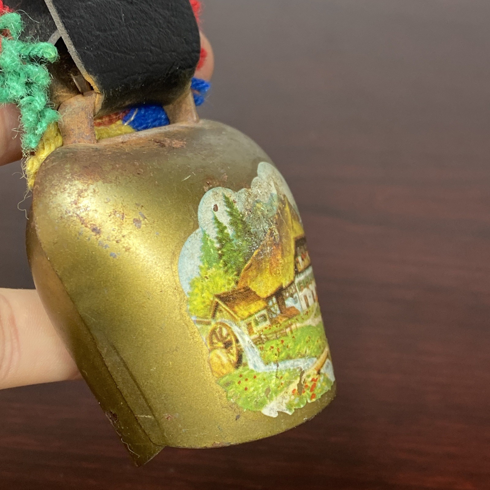 Brass Swiss Cow Bell Multi Color Fringed Leather Strap Vtg 6” Cottage Landscape