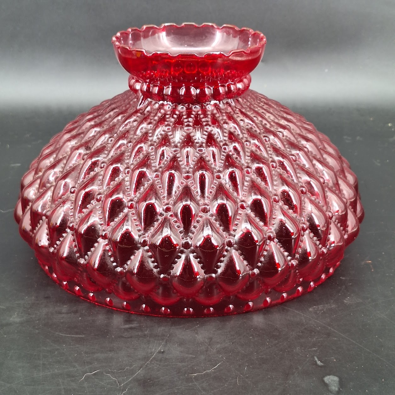 Vintage Ruby Red Glossy Diamond Quilted Glass Hurricane Lamp Shade 10″ Fitter