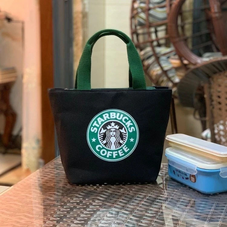 Starbucks Coffee Mini Canvas Tote Bag Portable Zippered Handbag Red Beige Black