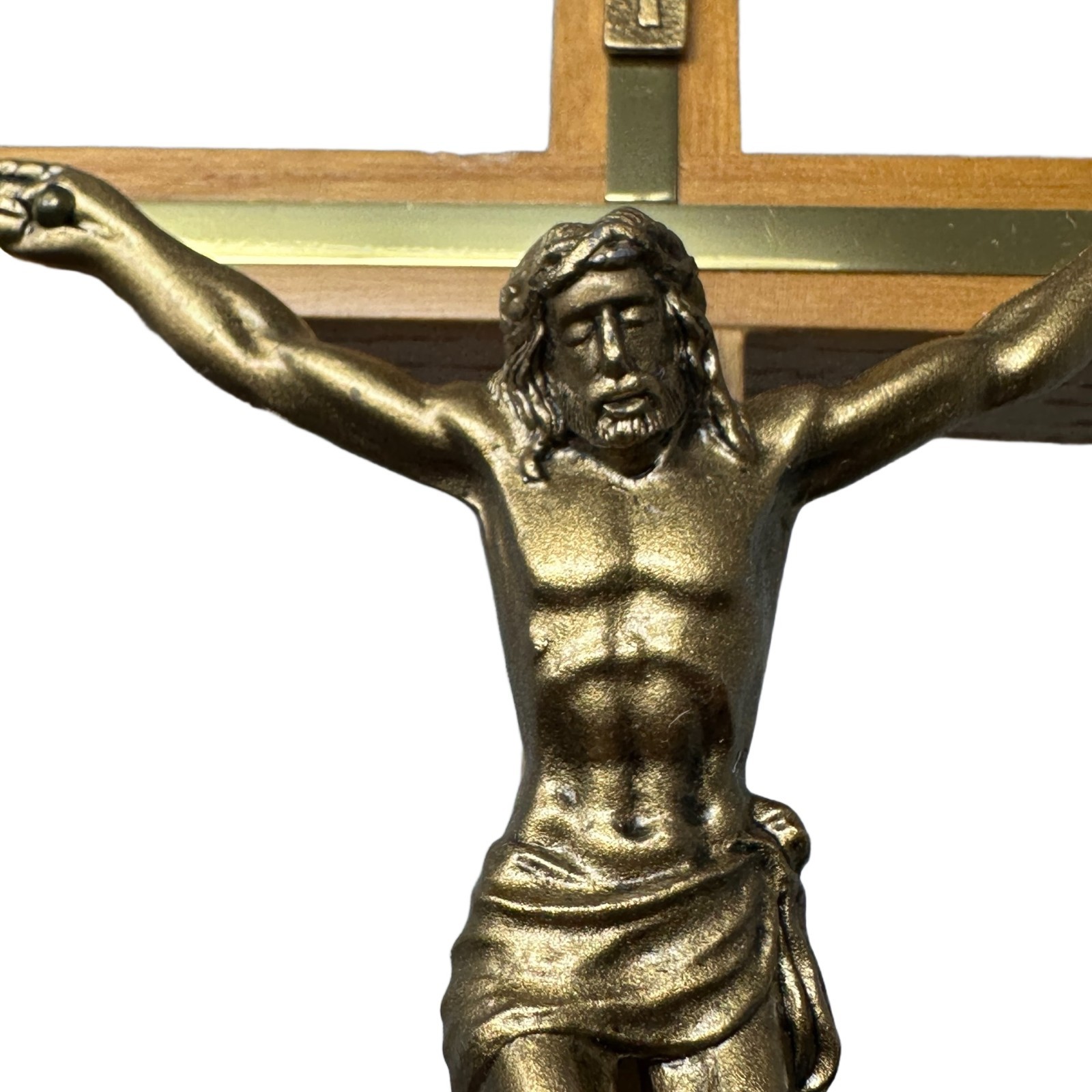 Vintage 1960s MCM Brass Tone Metal Wood Wall Crucifix Cross INRI Catholic 10″