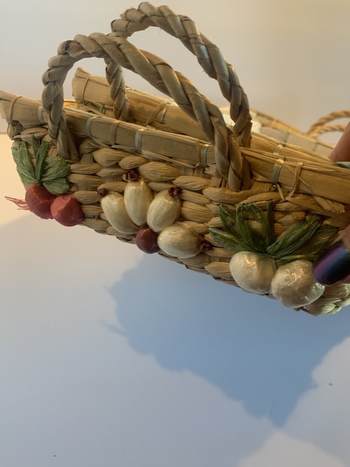 2 Pretty Rectangular Straw Baskets~Handled~Woven Fruit Pyrex Holders
