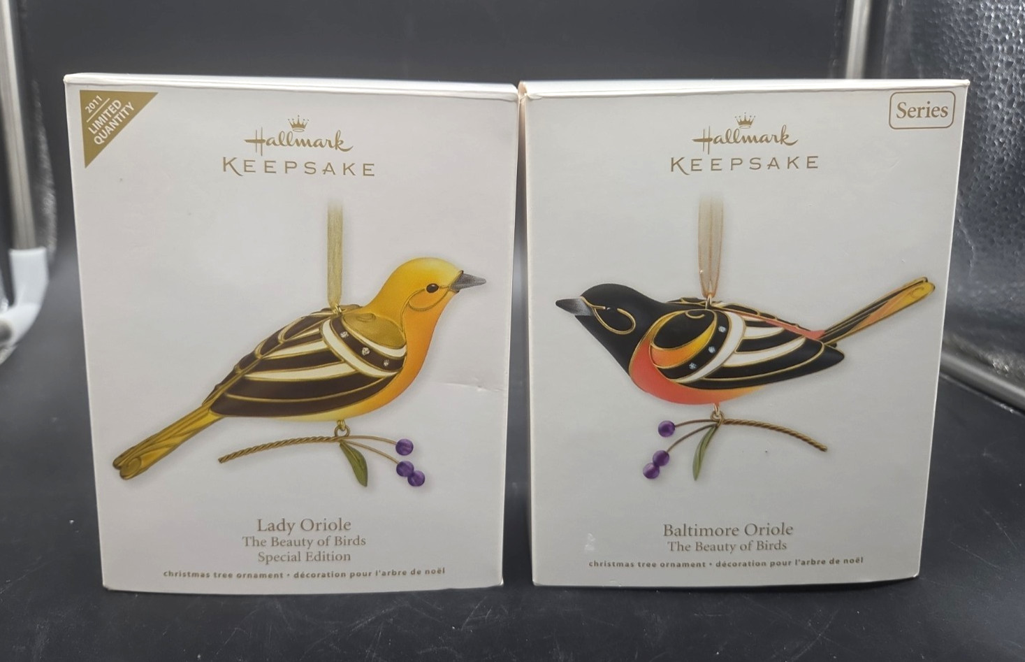 Hallmark Beauty of Birds 2011 Baltimore Oriole & Lady Oriole Hanging Ornaments