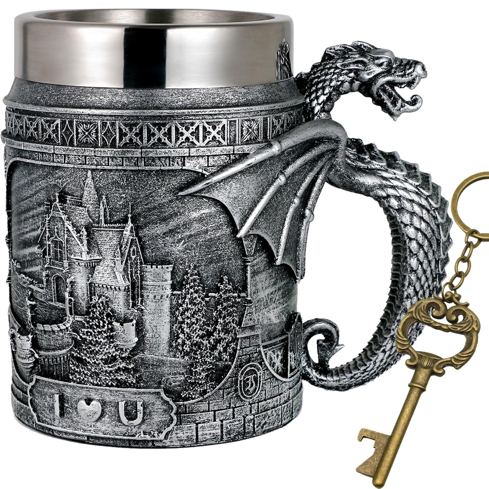 alikiki Medieval Castle Dragon Coffee Mug – 21oz D&D 20.3 Ounces, Silver