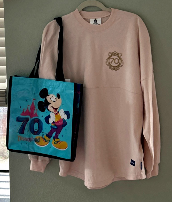 NWT DISNEY ~ DISNEYLAND 70th SPIRIT JERSEY & TOTE BAG ~ L ~ PINK ~ JEWELED