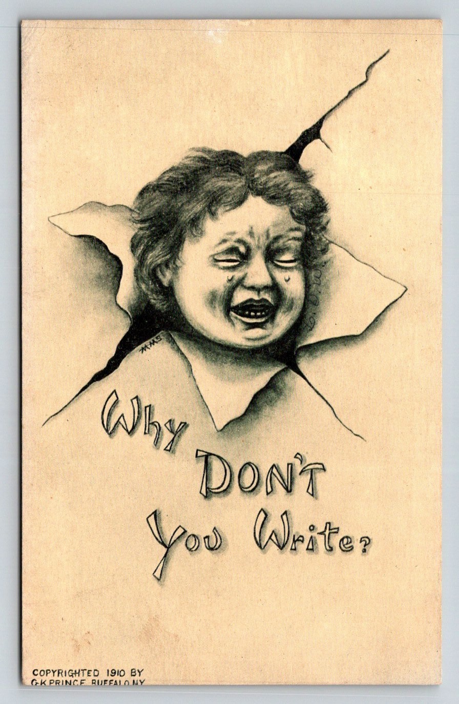 1910 G.K. Prince Comic Postcard Crying Baby Why Don’t You Write Humorous Vintage