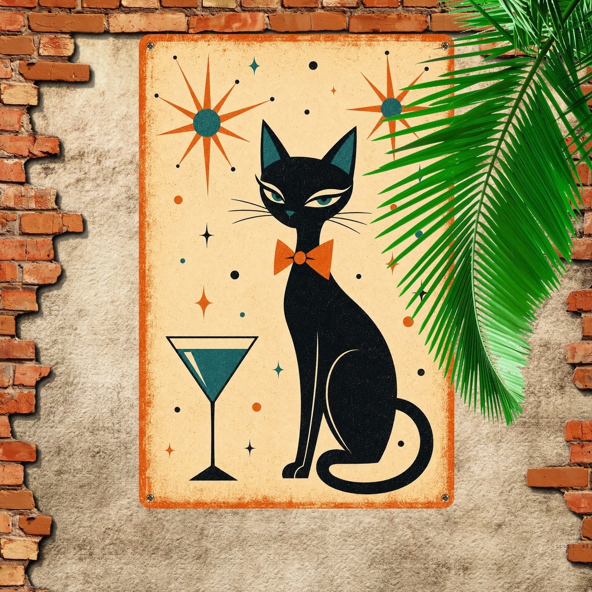 Mid Century Modern Black Cat Poster Illustration Atomic Tin Sign