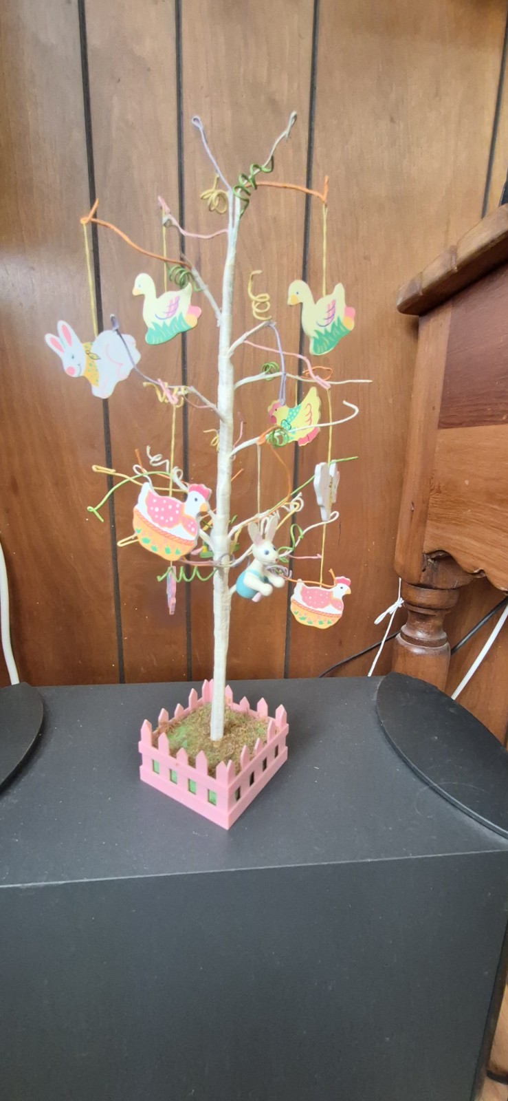 Mini Easter Tree with Pink Basket Base Charming Wooden Ornaments 15″ x 7″ x 3″