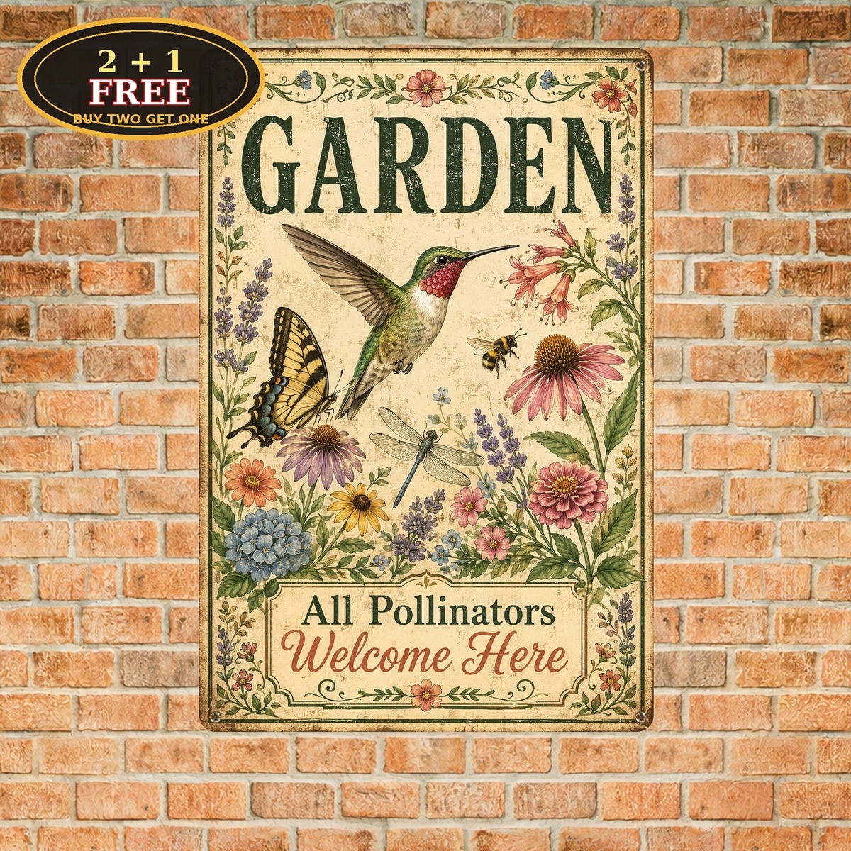 Hummingbird Butterfly Bee Garden Sign Metal Floral Invertebrate Wall Plaque Art