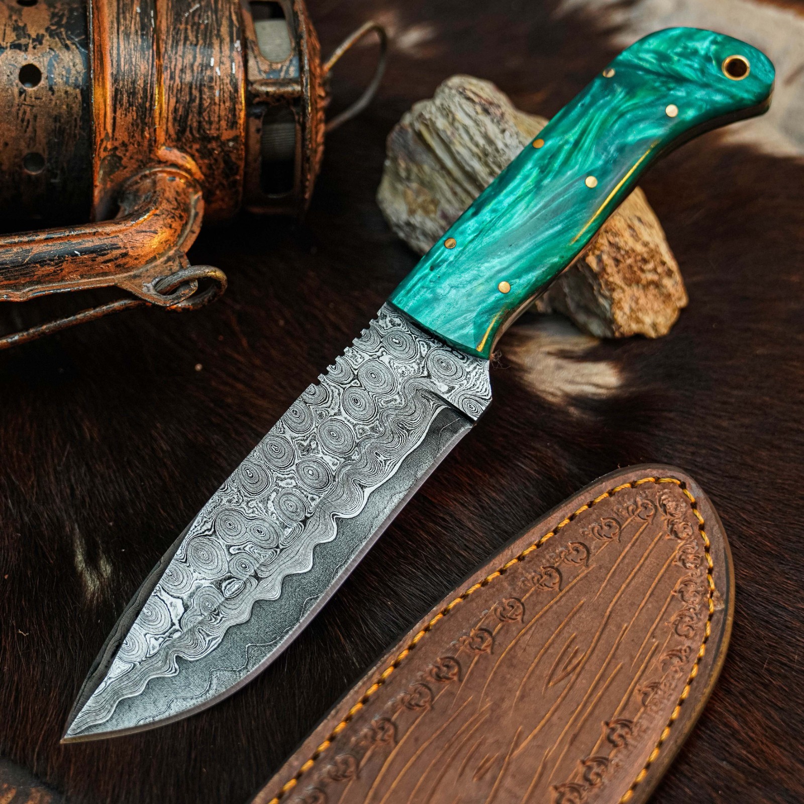 8.7″ EDC Bush craft Camping Knife Handmade Full Tang Resin Handle Leather Sheath