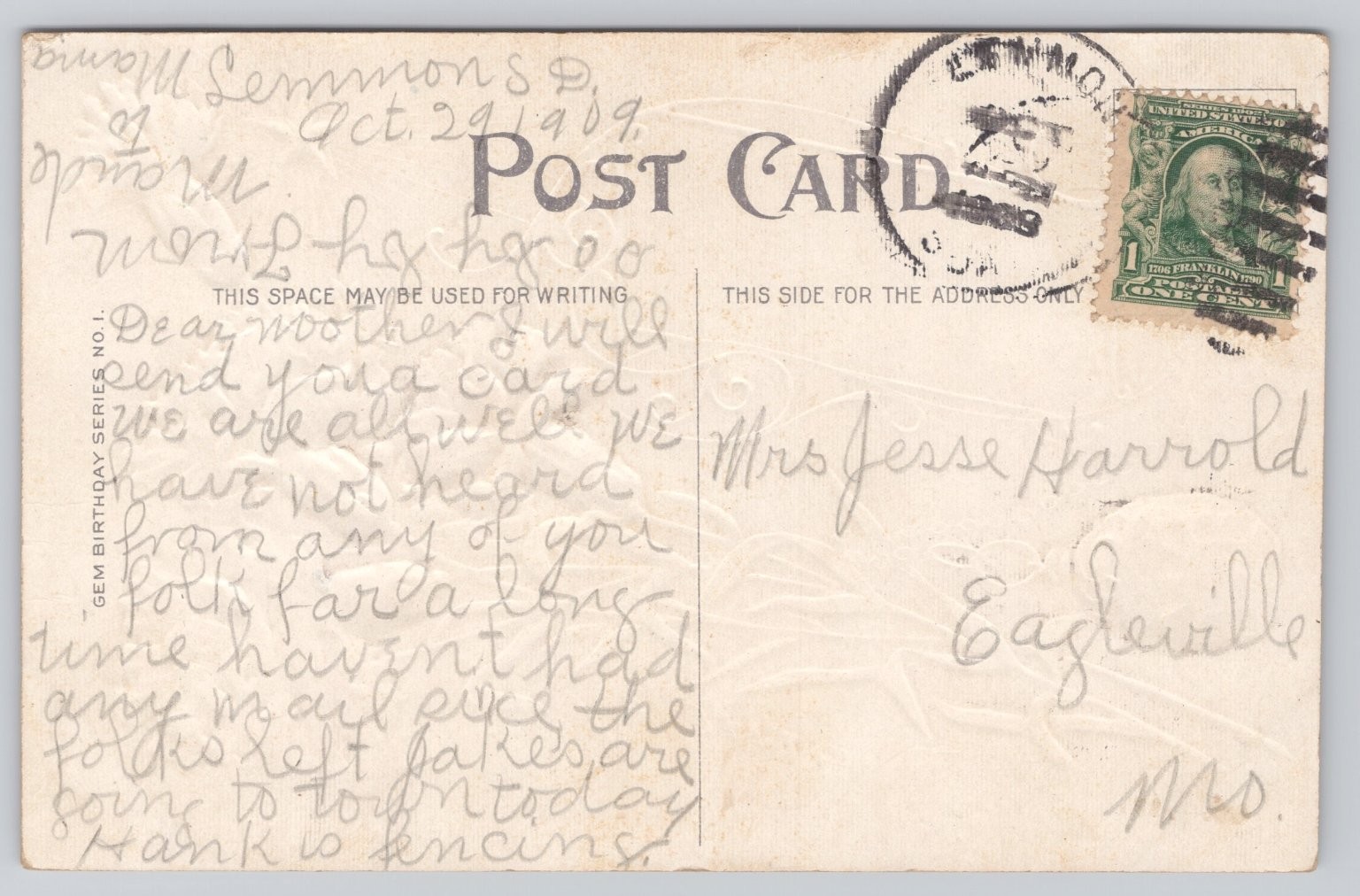 1908 E. Nash Birthday Greeting Postcard Red Carnations & Ruby Ring