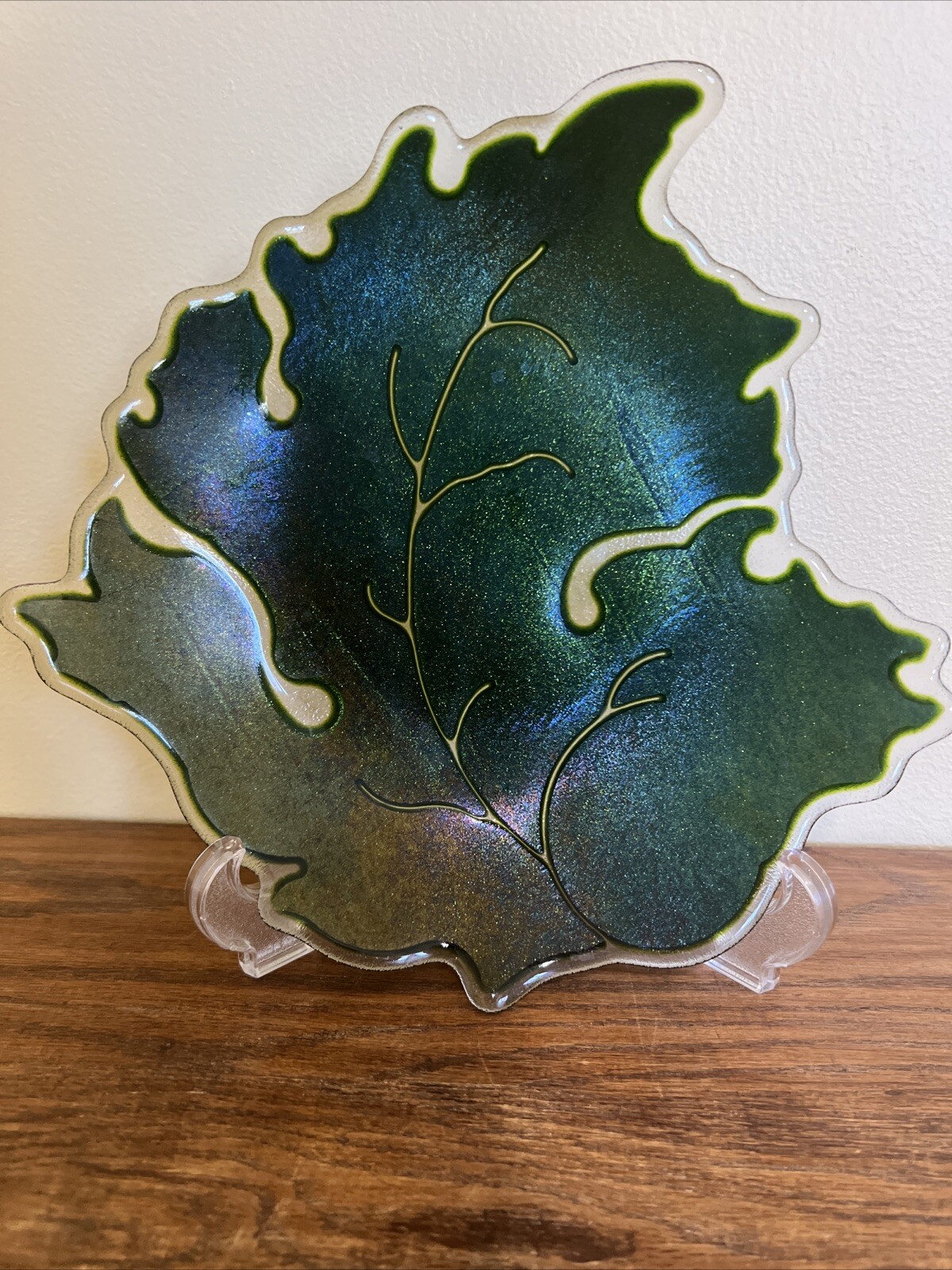 Claritas M Leeds Dichroic Style Fused Art Glass Leaf Plate 1998 signed 10.5″ VTG