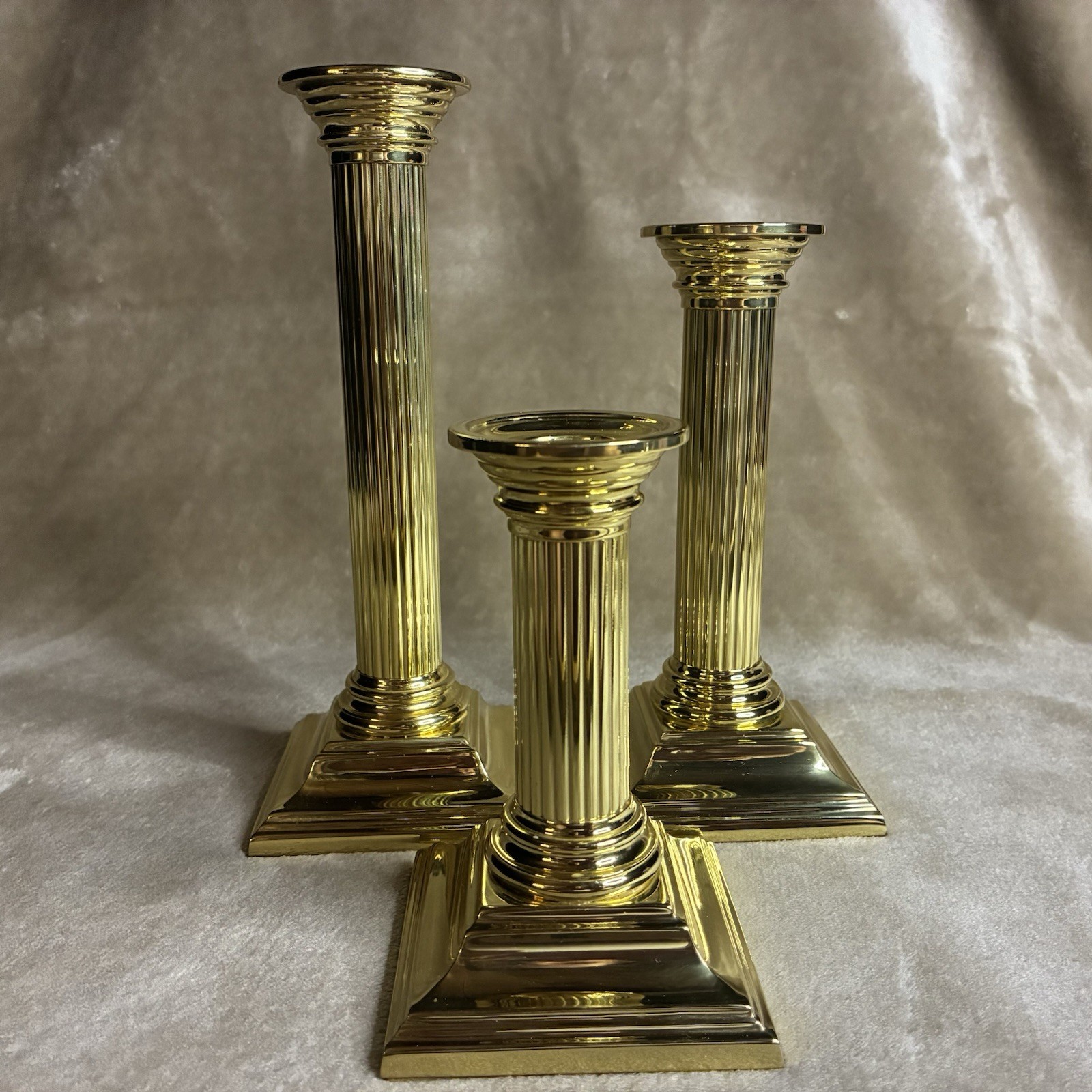 3 Vtg Baldwin Polished Brass Candlesticks Smithsonian Classic Columns 5” 7” 8”