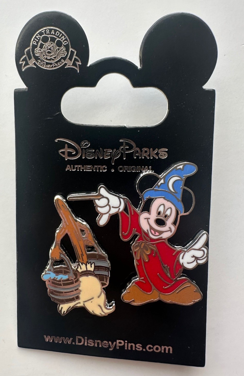 Disney Sorcerer Mickey Mouse Pin Mickey and Broom Fantasia Pin 2 pin set