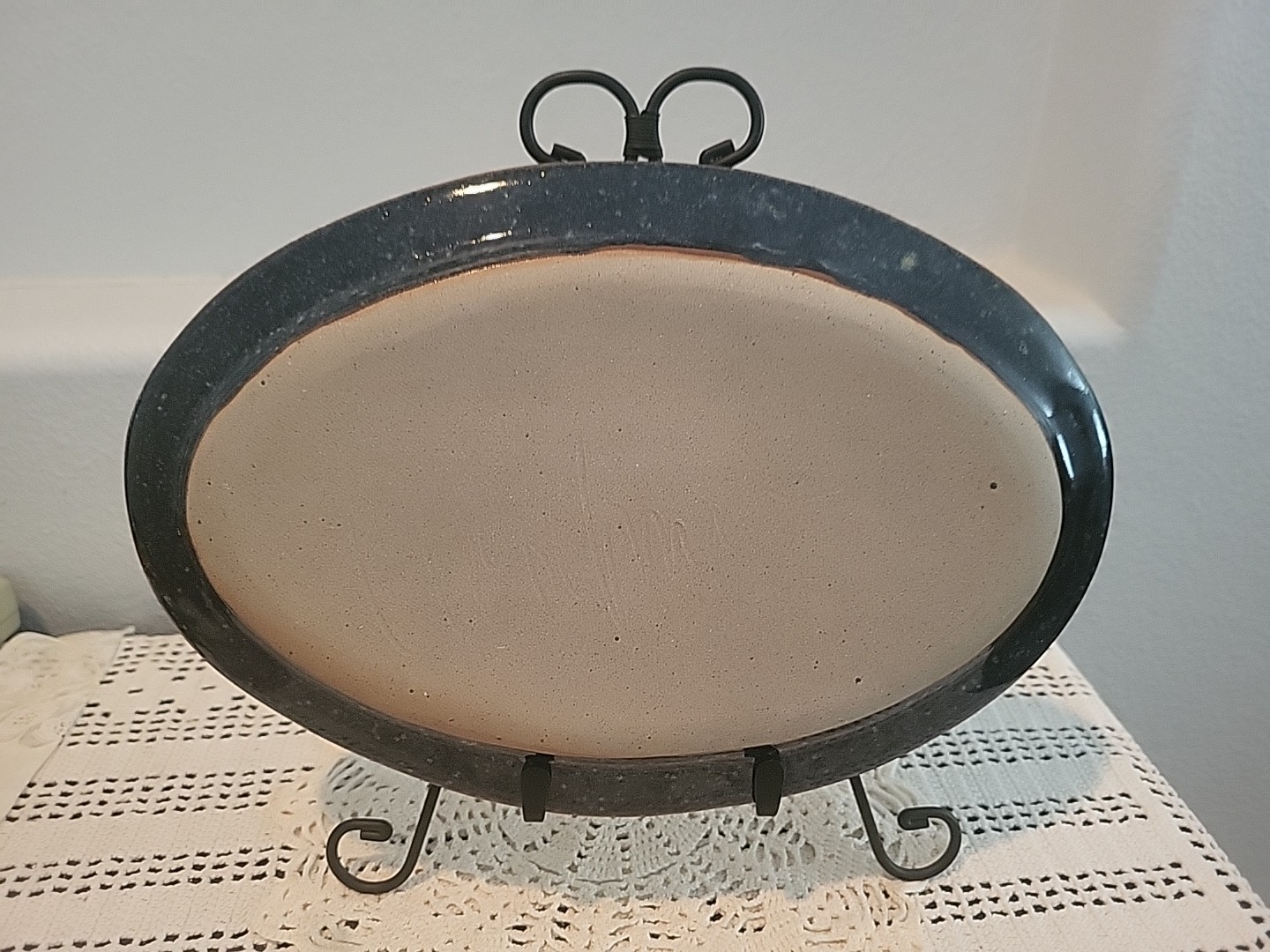 Oval Serving Platter Plate Abstract Dark Blue Multicolor Pottery Signed OOAK