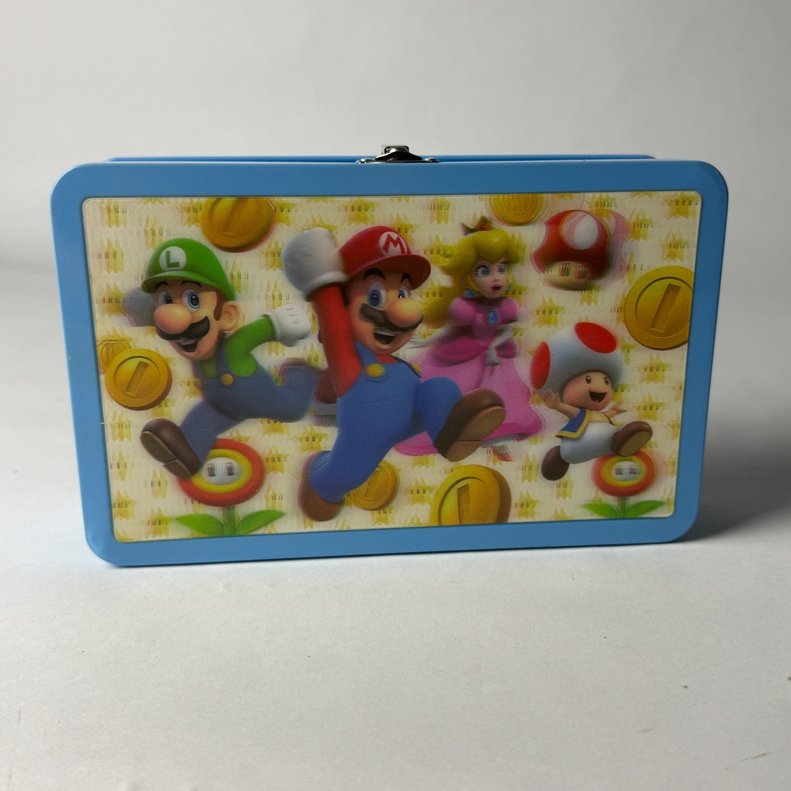Nintendo Super Mario Bros Blue Metal Lunch Box Storage Tin 22 Mario Luigi Peach