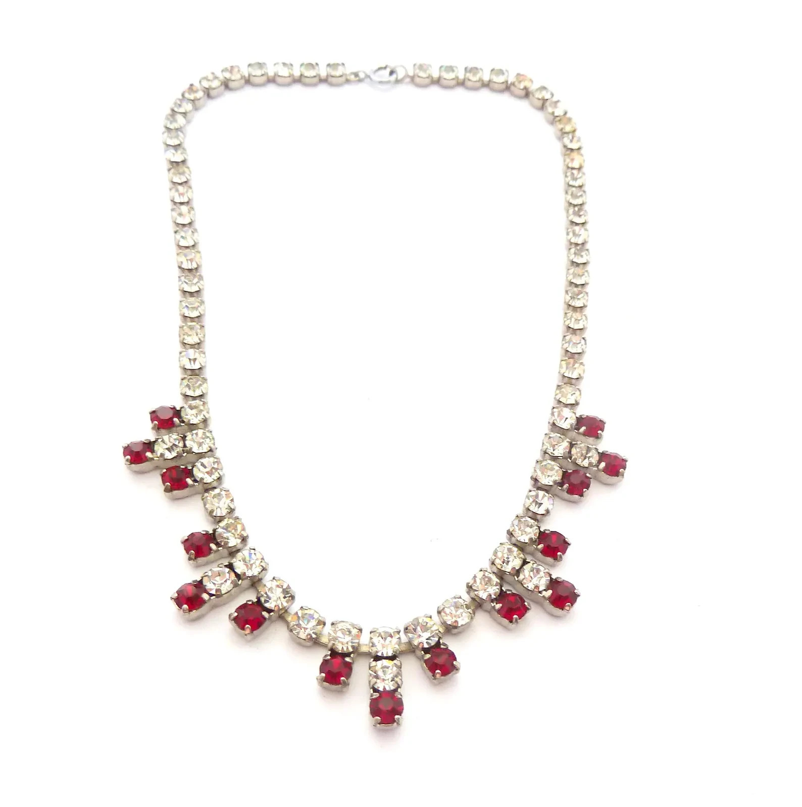 Estate Red Ruby & Diamond 18K White Gold Over Geometric Drop Choker 16″ Necklace