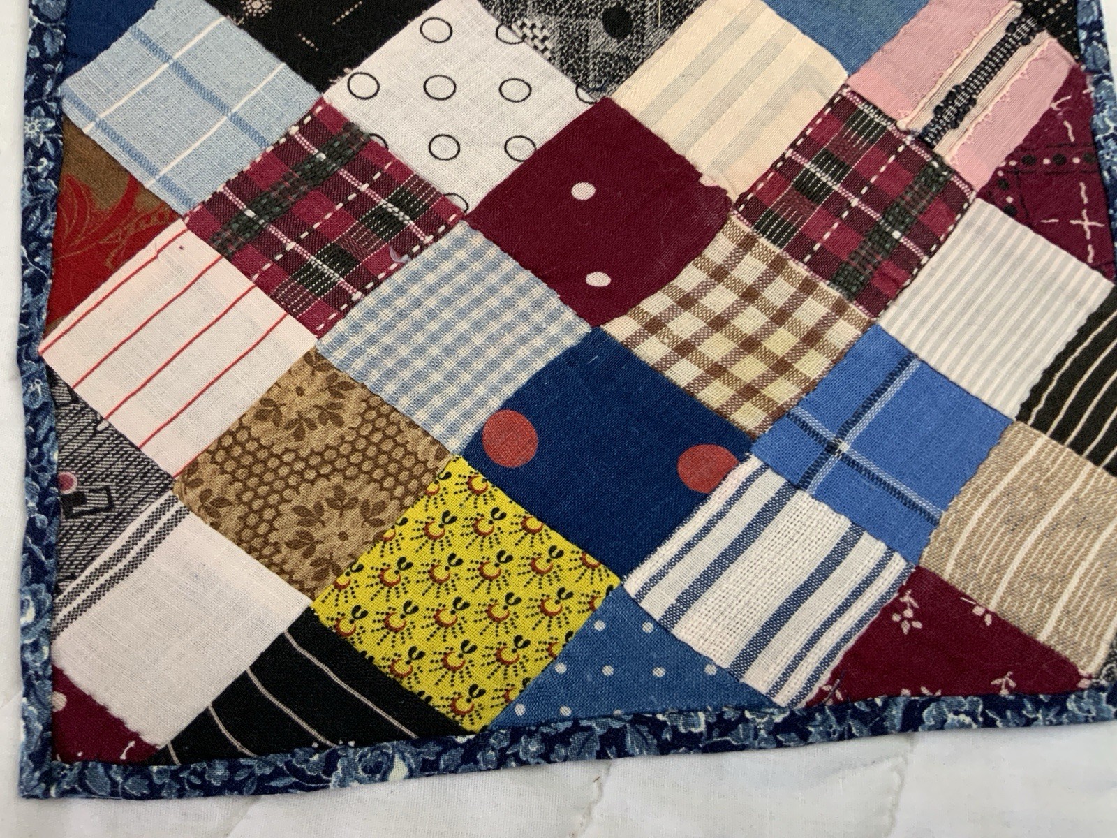 Vintage Patchwork Quilt Table Topper, Four Patch, Early Calico Prints, Blue, Red