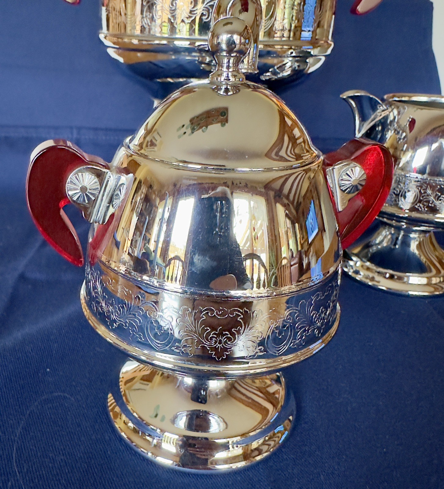 United 800A Art Deco Coffee Percolator Set Red Bakelite Chrome Rocket Works EUC