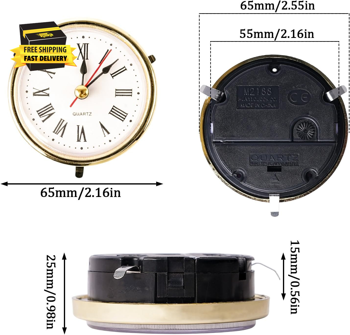 Classic Clock Craft Quartz Movement 2-1/2 (65Mm) round Clocks Head Insert Roman