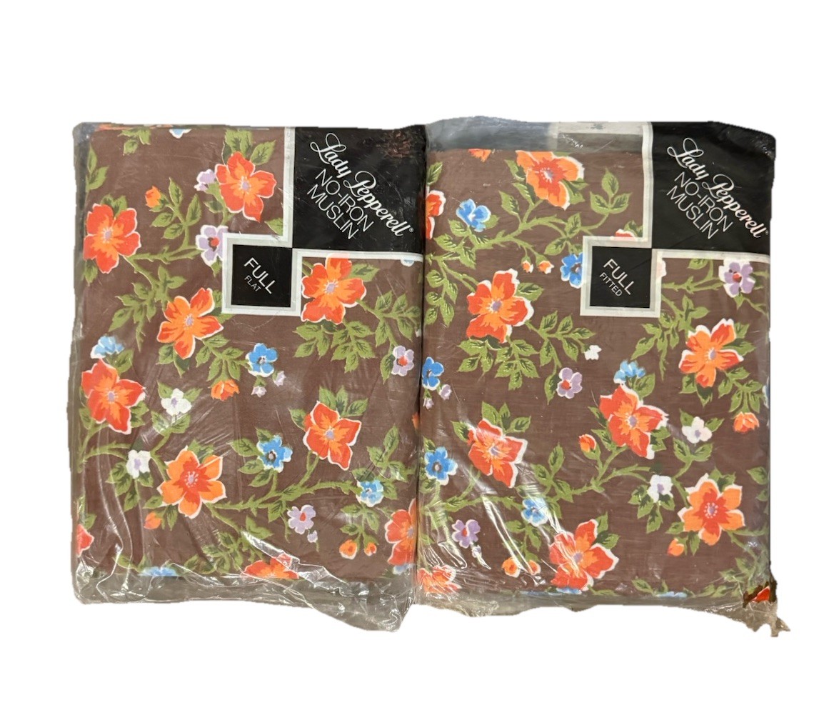 VTG Lady Pepperell Coquette Full Sheet Set Flat & Fitted Mocha Brown Floral NOS