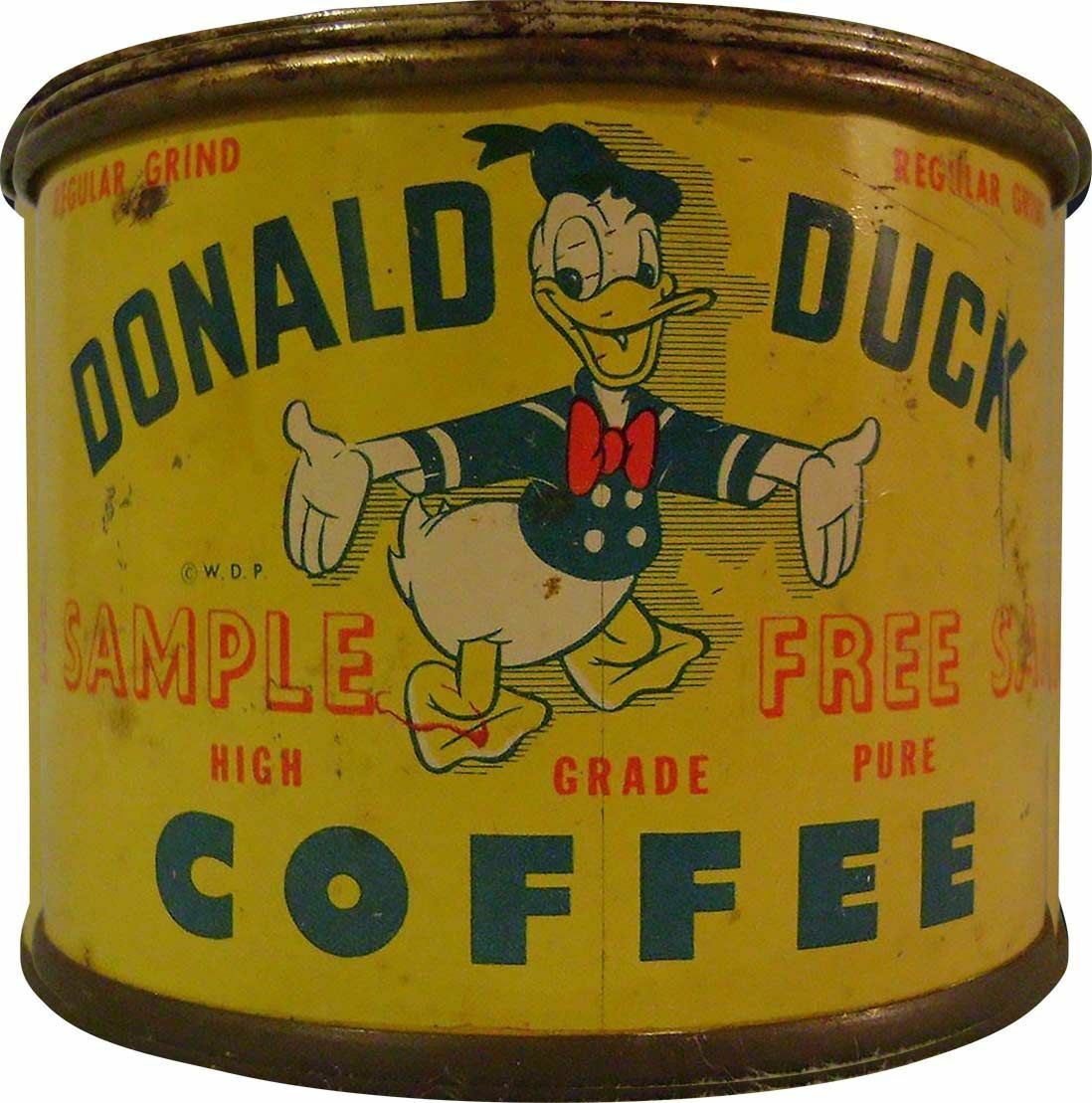 DONALD DUCK COFFEE CAN SHAPED 15″ HEAVY DUTY USA MADE METAL ADVERTISING SIGN