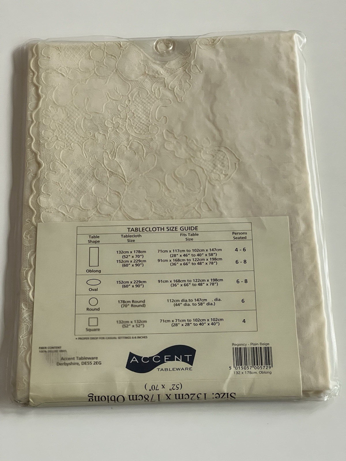 Accent Regency Tableware Lace Look Easy Care Vinyl Tablecloth 132 X 178 cm Shown