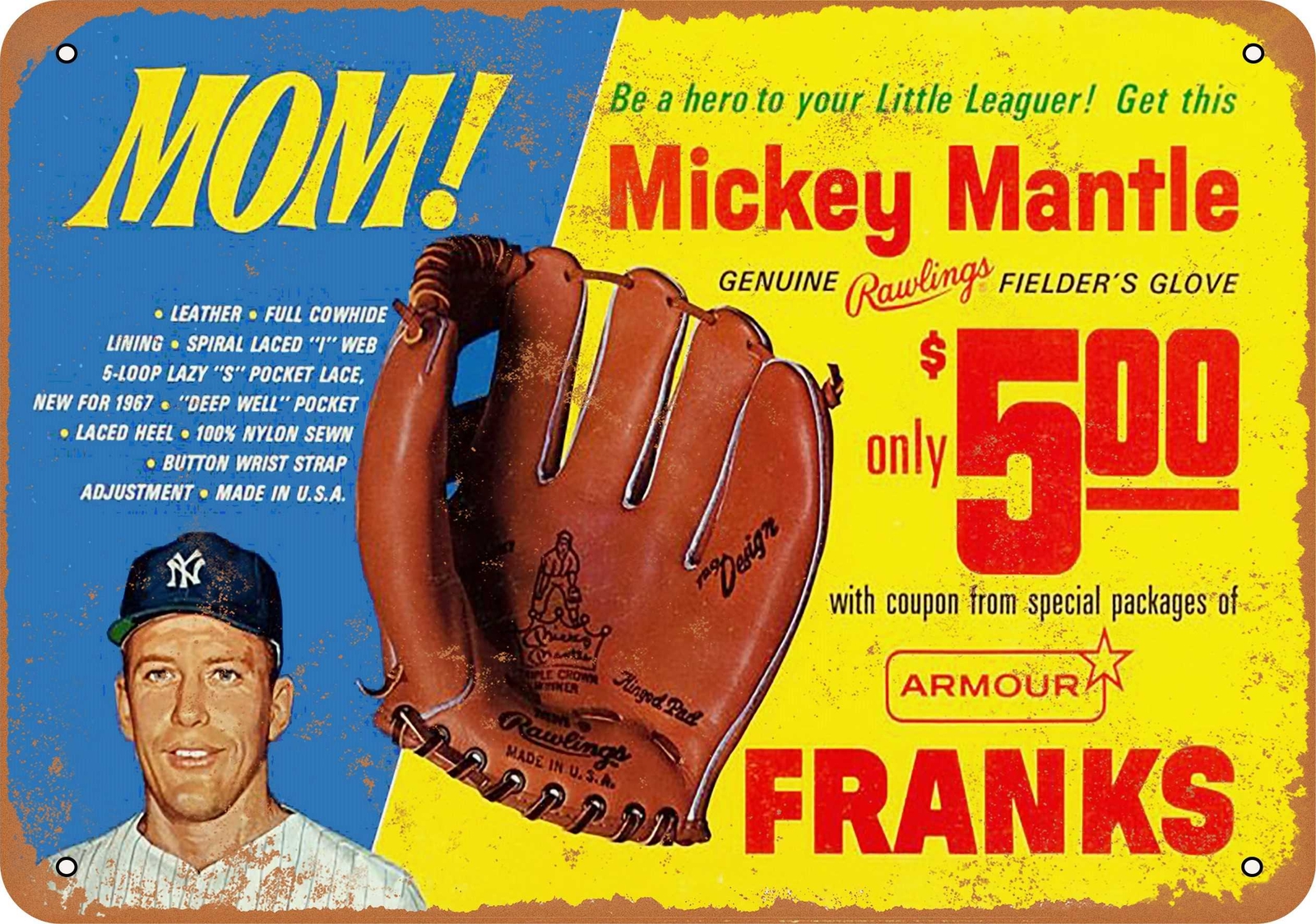 Metal Sign – 1967 Mickey Mantle Baseball Glove — Vintage Look