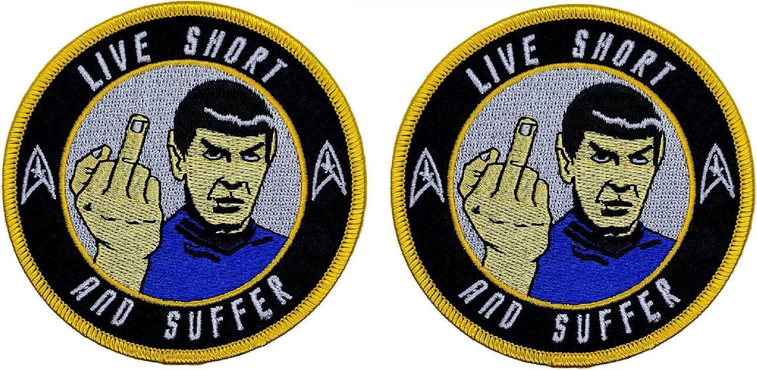 LIVE SHORT & SUFFER MIDDLE FINGER STAR TREK SPOCK PATCH | 2PC IRON ON SEW 3.5″
