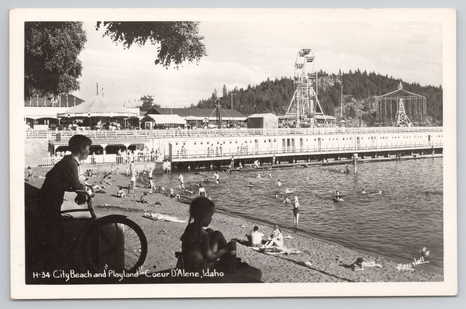 1940s Coeur D’Alene Idaho Real Photo Ferris Wheel Carousel Beach Postcard RPPC