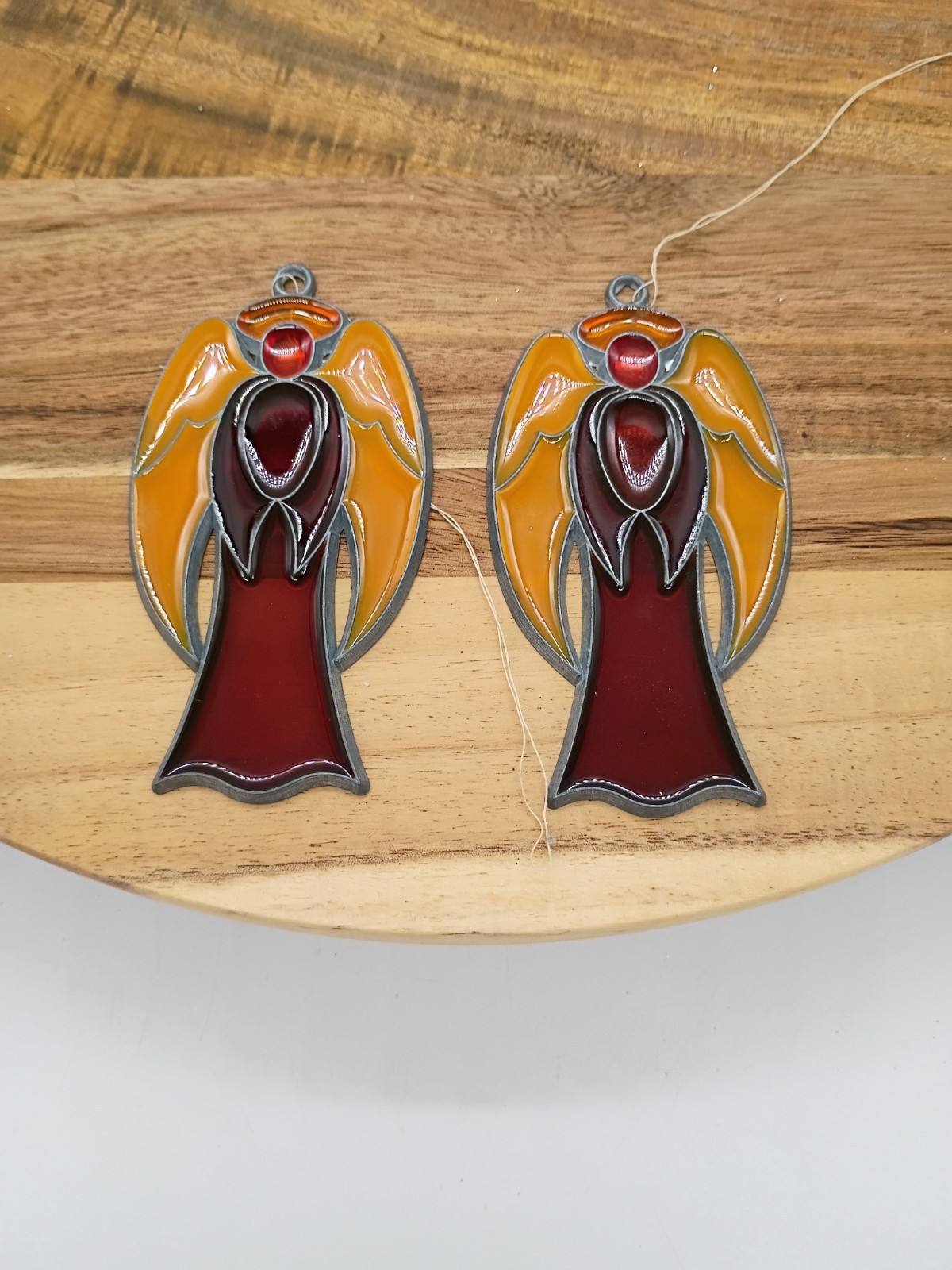 2 PC Kurt Adler Faux Stained Glass Angel Ornaments / Suncatchers 4IN Vintage
