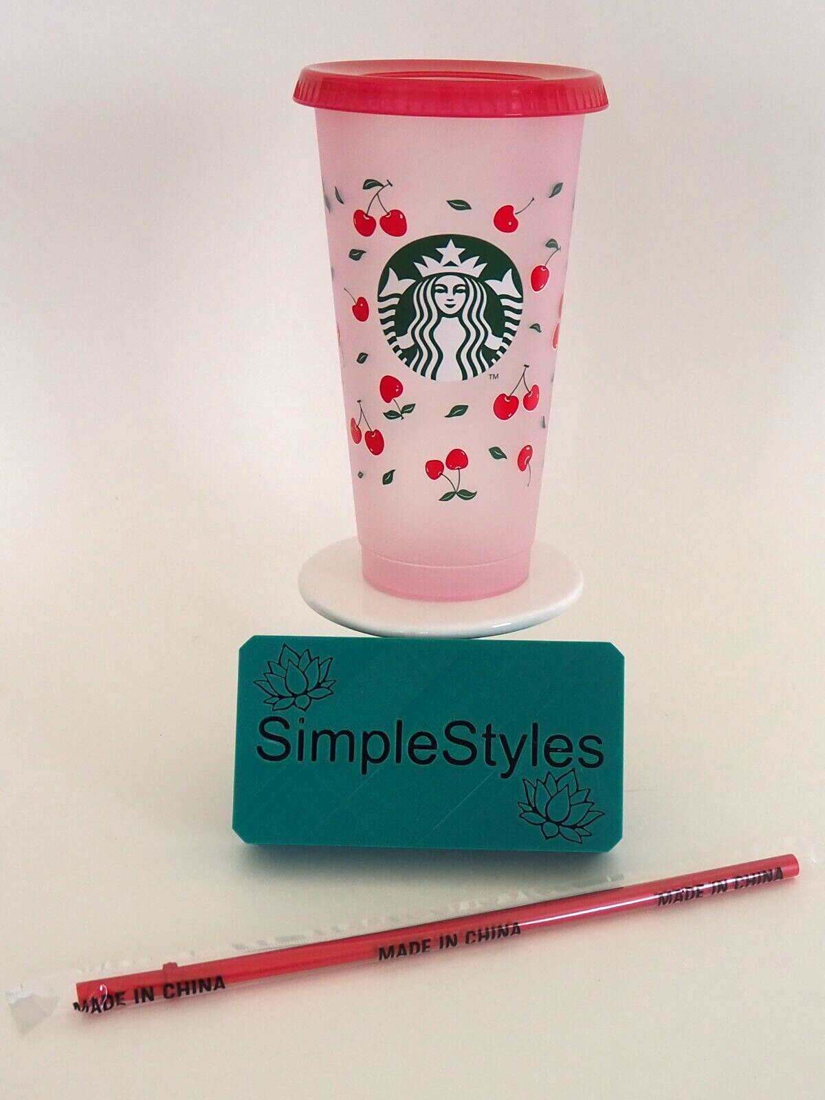 Starbucks Red Cherry 24 fl oz Reusable Pink Cold Cup Tumbler + Straw RARE NEW