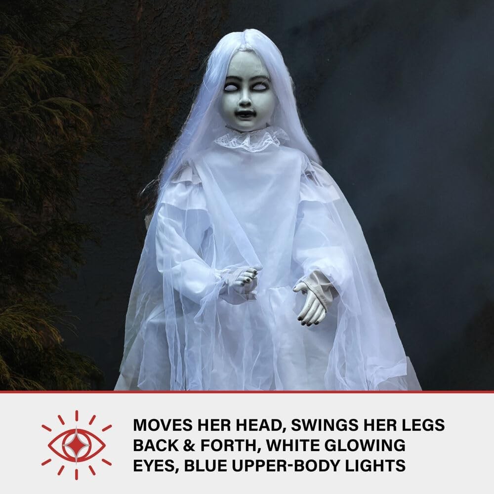 4 Ft . Motion-Activated Sitting Tombstone Girl Premium Talking Halloween Décor