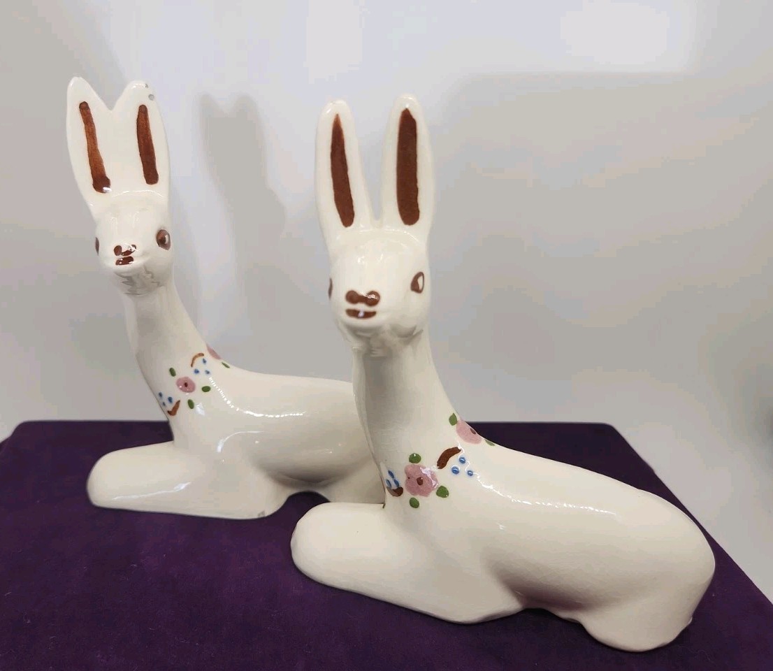 Vintage ceramic deer figurine with painted floral accents. “T” & “W” Marking.