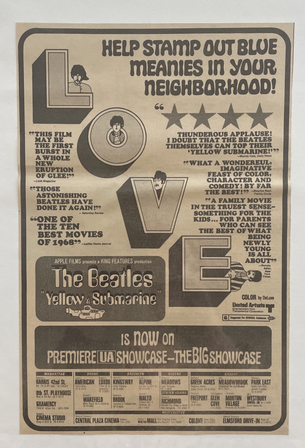 1968 The Beatles, YELLOW SUBMARINE, N.Y. Premiere Film Movie Showing Ad