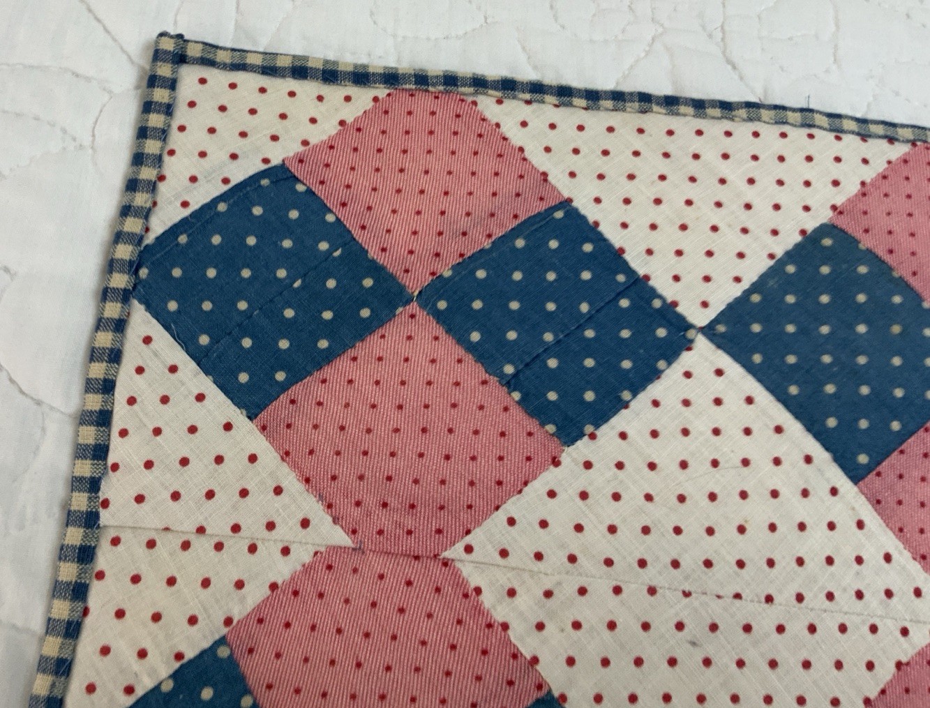 Vintage/Antique Patchwork Quilt Table Topper, Four Patch, Pink, Blue, Dots