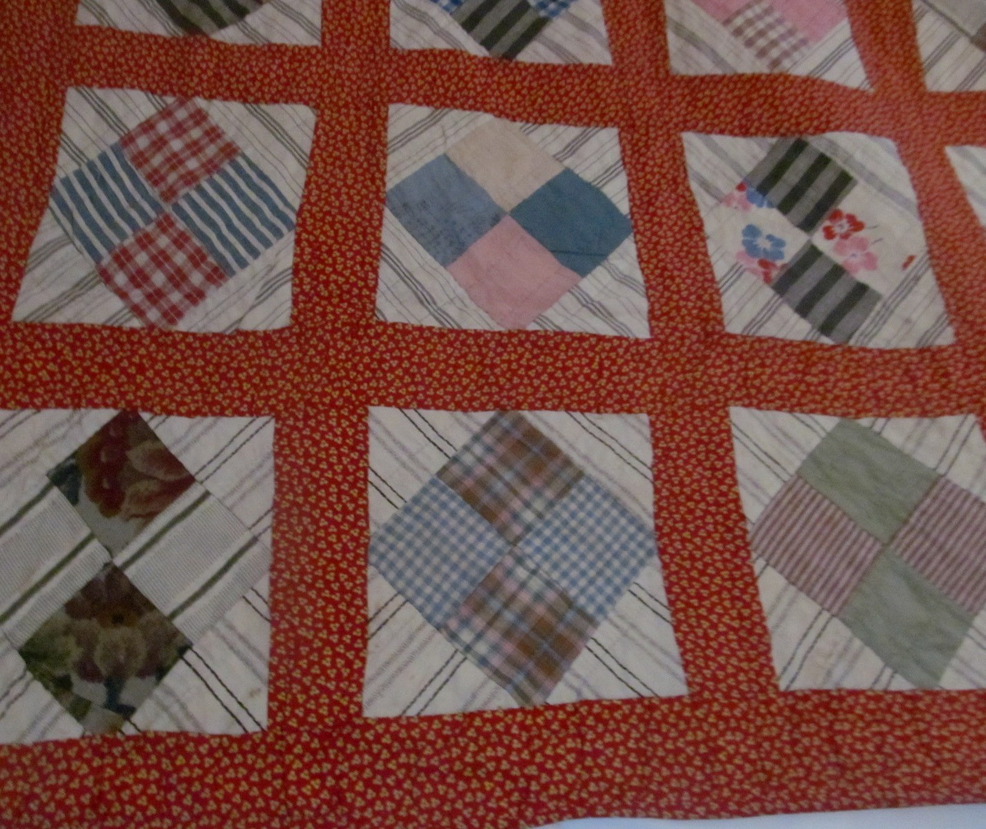 Antique Four Patch in a Square Handmade Quilt w/Calico Border 82×84~Dated 1931