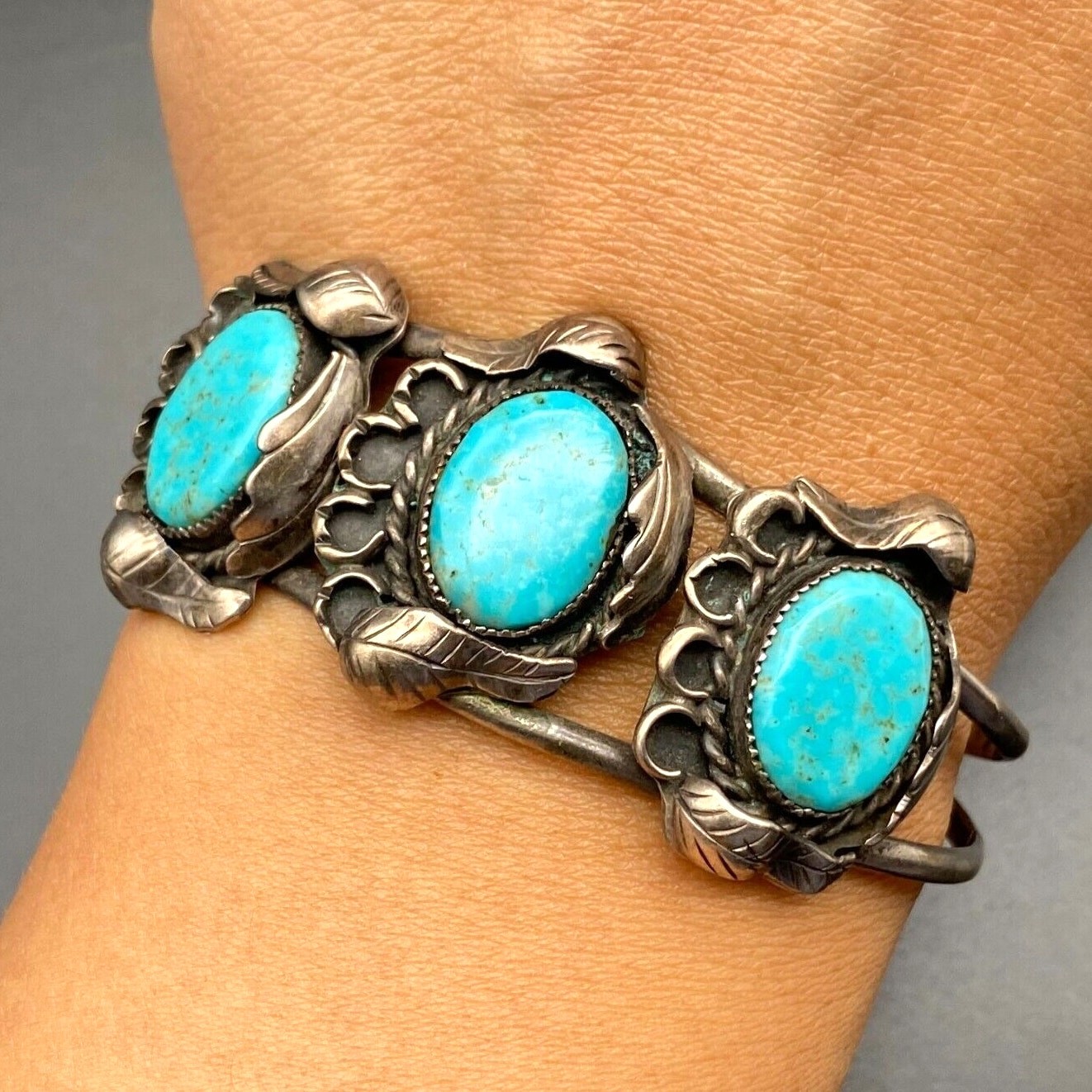 Vintage Navajo Native Indian Hand Made Silver Turquoise Bracelet Cuff 6-3/4″
