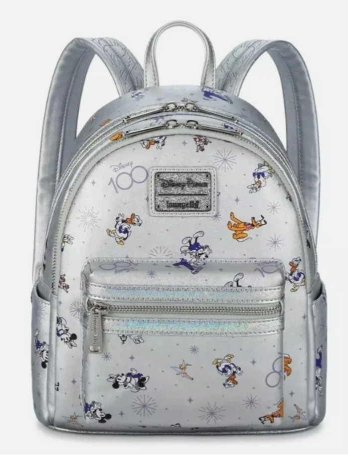Loungfly Disney Parks Disneyland 70th Anniversary Silver Metallic Mini Backpack