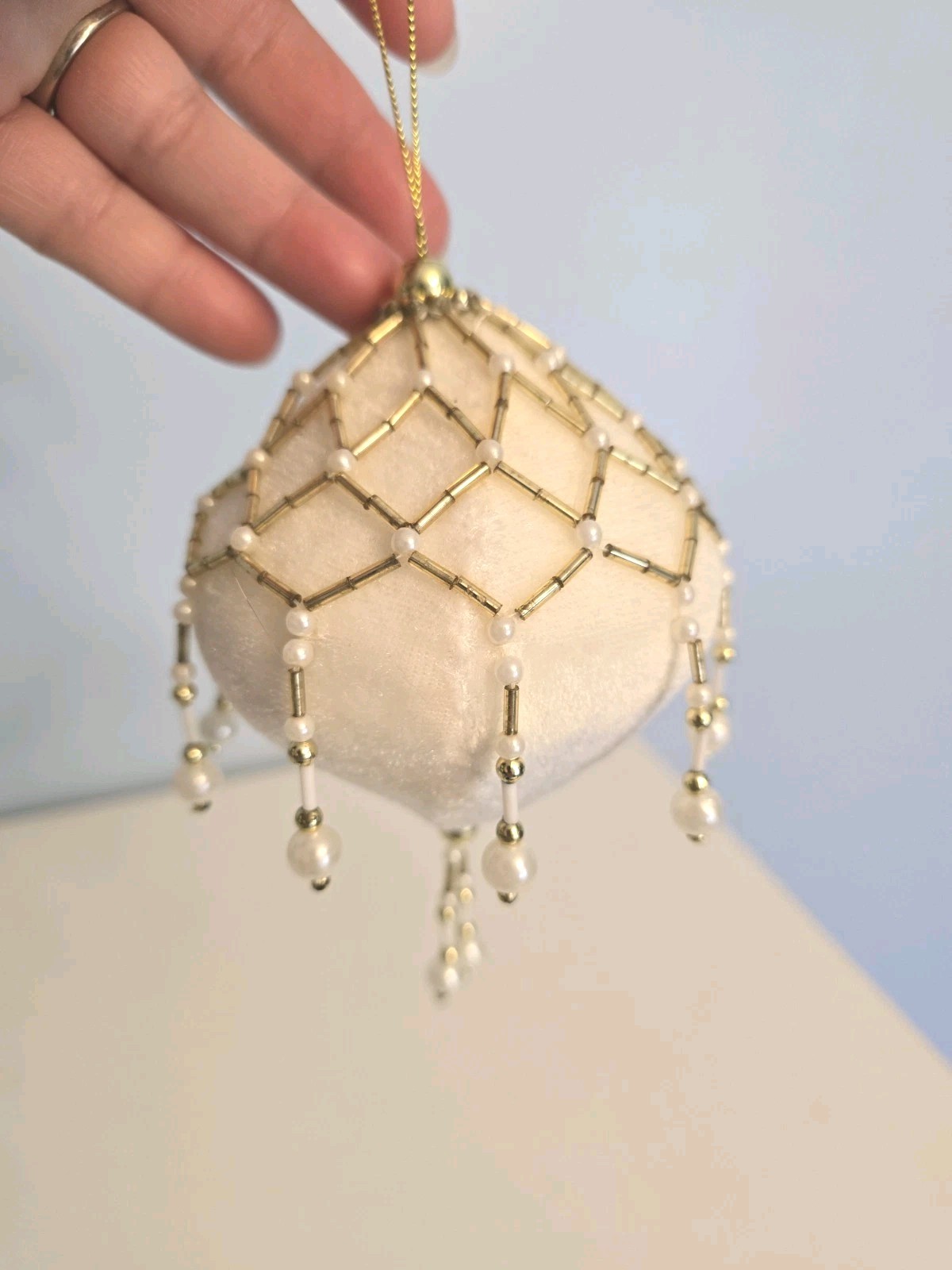 White with Gold Colored Hanging Beads Soft Fabric Velvet Feel Christmas Ornament