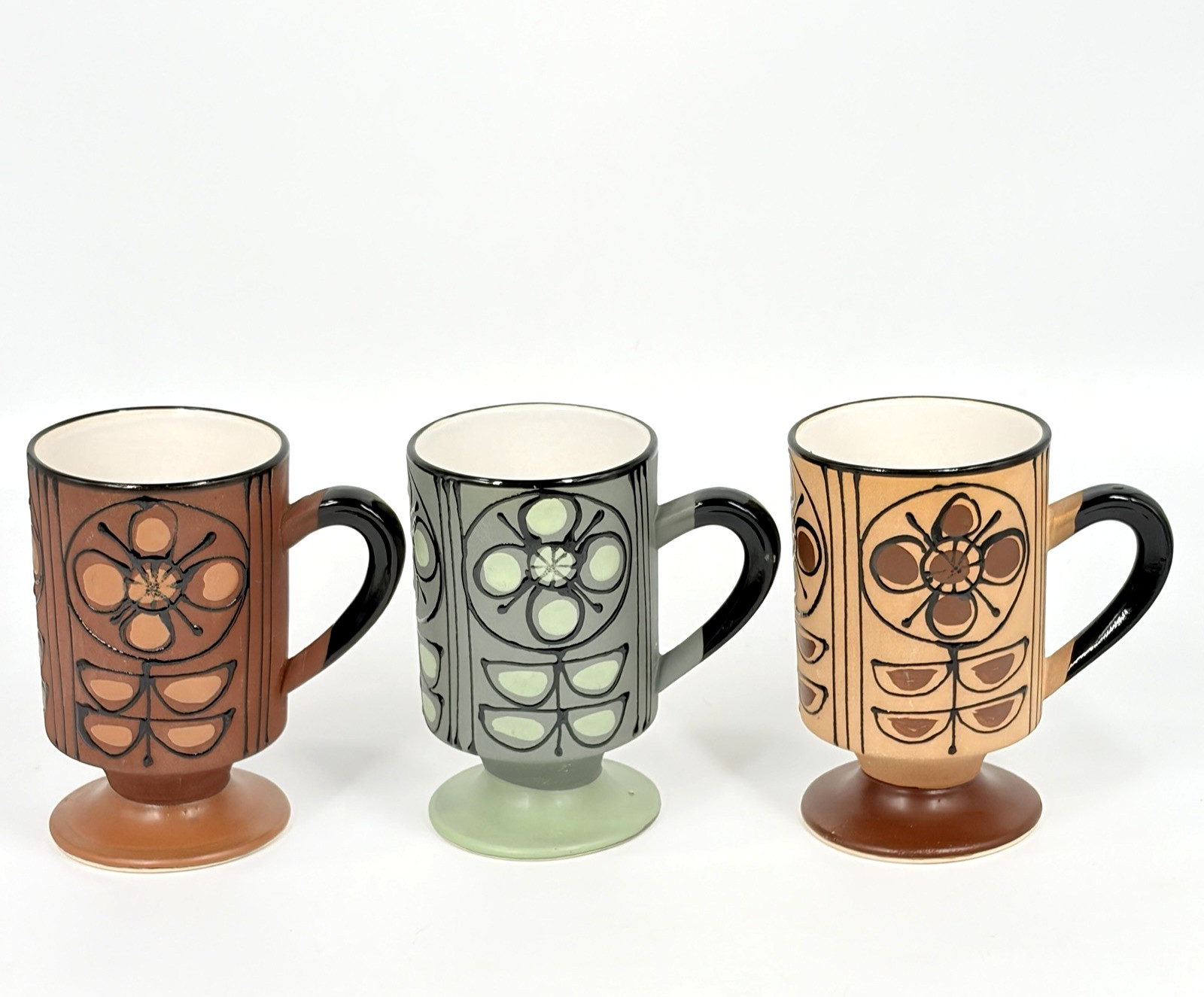 Jonas Roberts Stoneware Mugs Matte Painted Footed Pedastal Cups 3 Pc Brown Green