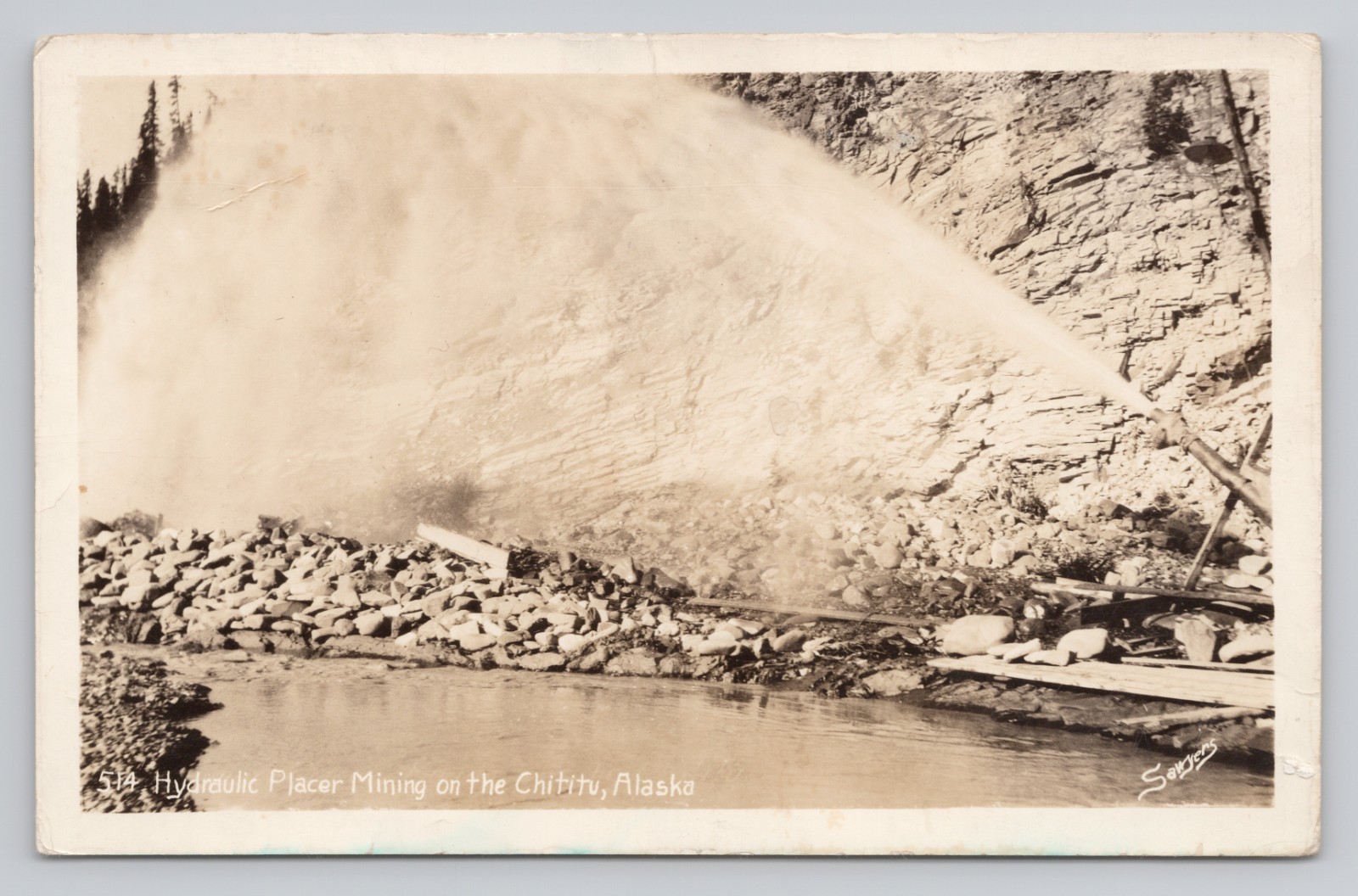 Hydraulic Placer Mining on the Chititu Alaska Sawyers RPPC Postcard