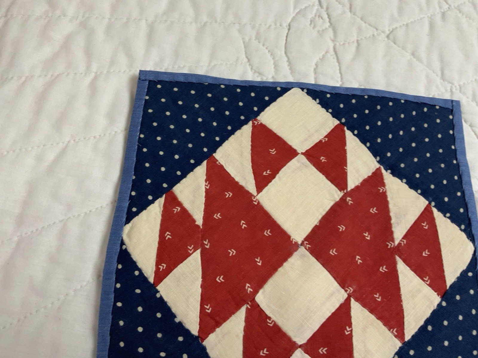 Antique Vintage Patchwork Quilt Table Topper, Four Patch W/ Triangles, Red, Navy