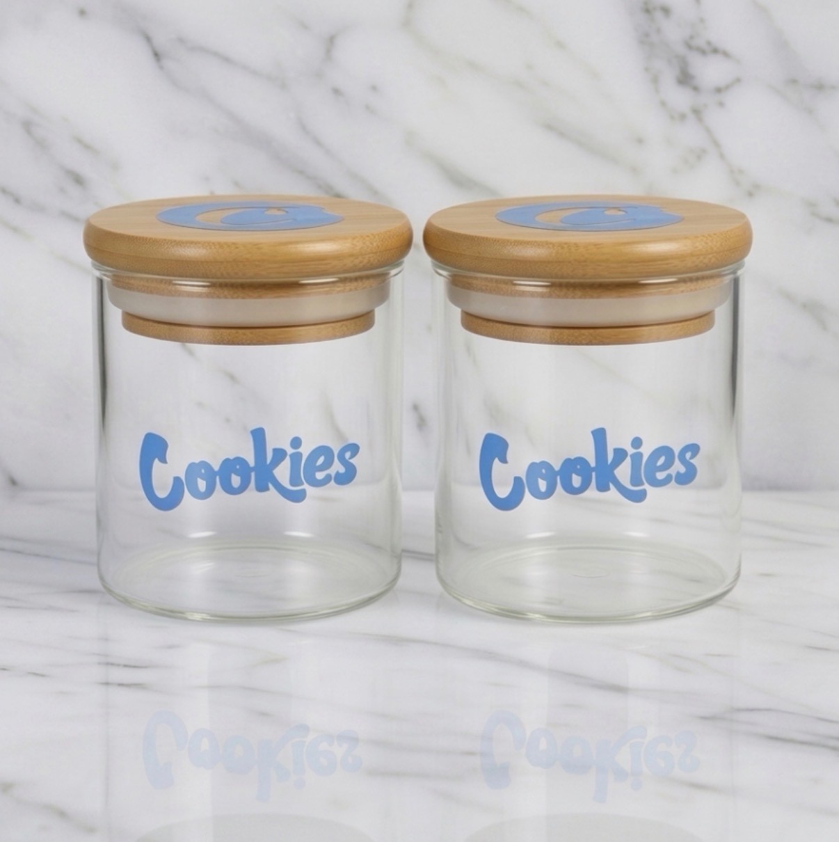 2X Cookies Glass Airtight Stash Jar | Bamboo Lid Food Grade Silicone Herb