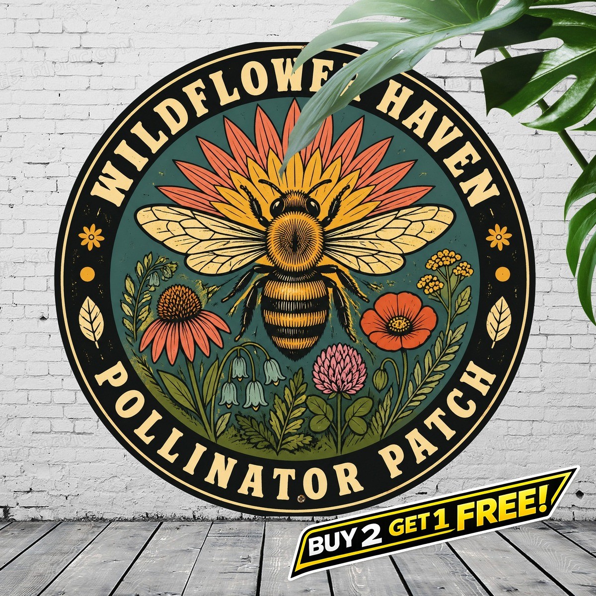 Pollinator Garden Friendly Round Metal Tin Sign Bee Butterfly Decor