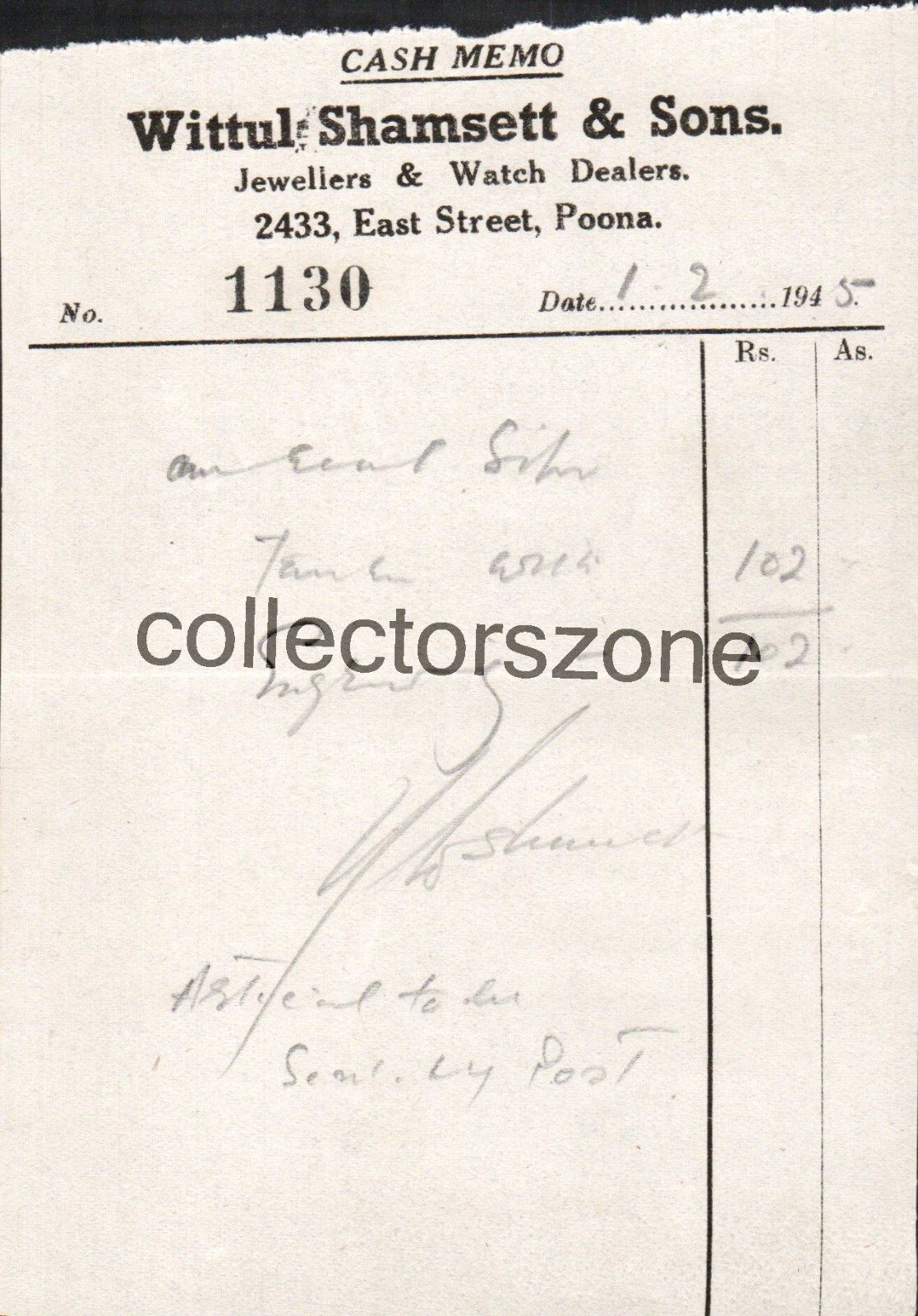 1945 jewellers Invoice Wittul Shamsett & Sons East Street Poona